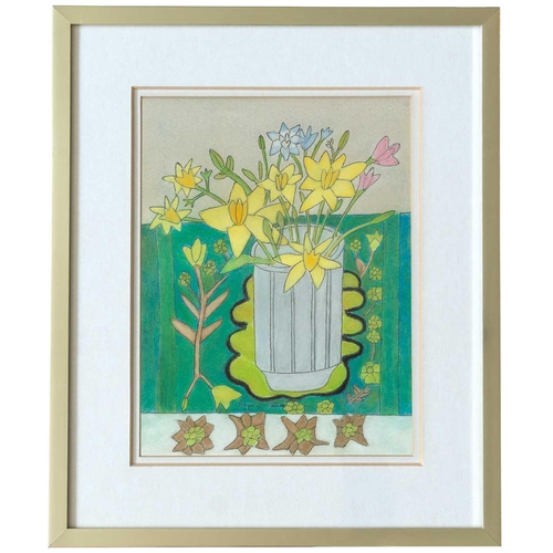 101 - Bryan PEARCE (1929-2006) Vase of Spring Flowers on a Patterned Tablecloth  Pastel and ink on paper S... 