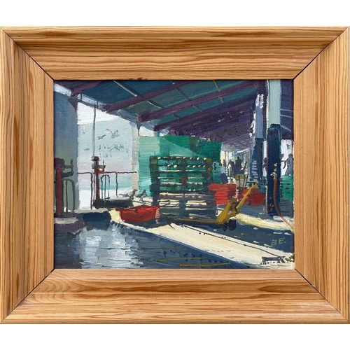 104 - Bernard EVANS (1929-2014) Sunlight, Newlyn Fish Market Oil on board, initialled, further signed and ... 