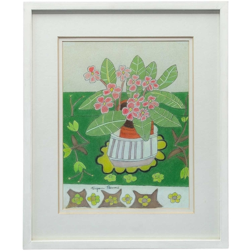 112 - Bryan PEARCE (1929-2006) Potted Gloxinia on a Patterned Tablecloth  Pastel and ink on paper Signed 3... 