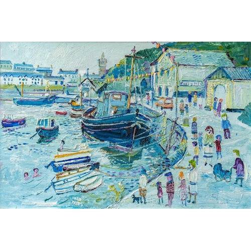 122 - Fred YATES (1922-2008) Happy Harbour, Porthleven  Oil on board Signed 54 x 79cm