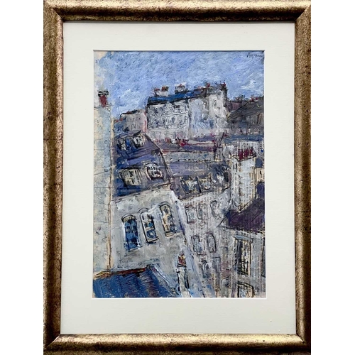 133 - Adrian RYAN (1920-1998) Parisian Rooftops Oil and charcoal on newspaper Signed 28.5 x 20cm Provenanc... 