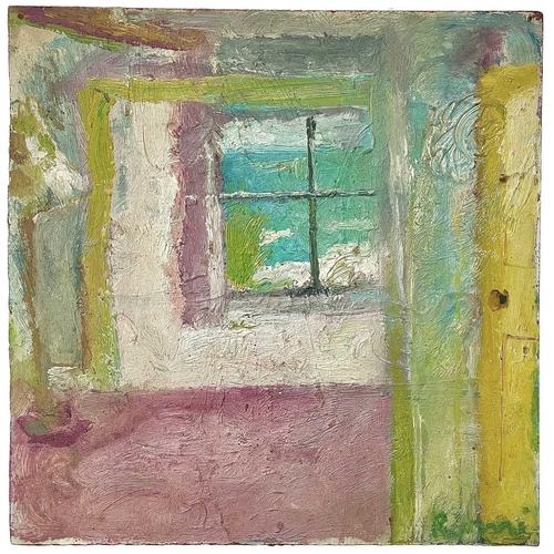 150 - Romi BEHRENS (1939-2019) View from a Room Oil on board, signed, further signed to verso, 41 x 41cm.