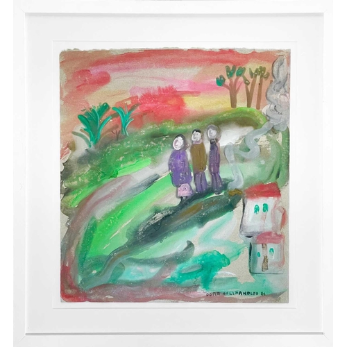 171 - Dora HOLZHANDLER (1928-2015) Minorca - Dora, George & Phillip out Walking at Sunset (1986) Gouache S... 