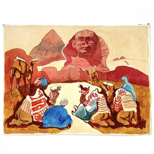 225 - Clare WHITE (1903-1997) Two works Clare WHITE (1903-1997) Shinx with camels Watercolour, initialled,... 