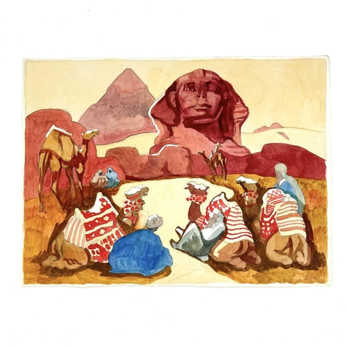 225 - Clare WHITE (1903-1997) Two works Clare WHITE (1903-1997) Shinx with camels Watercolour, initialled,... 