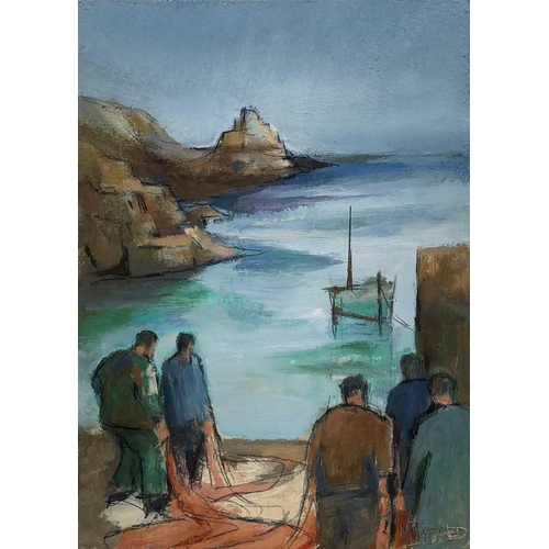 23 - Michael J. PRAED (1941) On Shore Sorting Nets, 2013  Oil on board Signed Inscribed to verso 30 x 21.... 