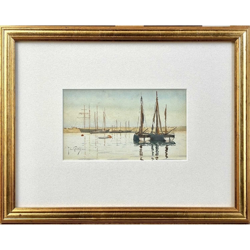 244 - Thomas Cooper GOTCH (1854-1937) French Crabbers Newlyn Harbour, Watercolour, signed, 11 x 19cm