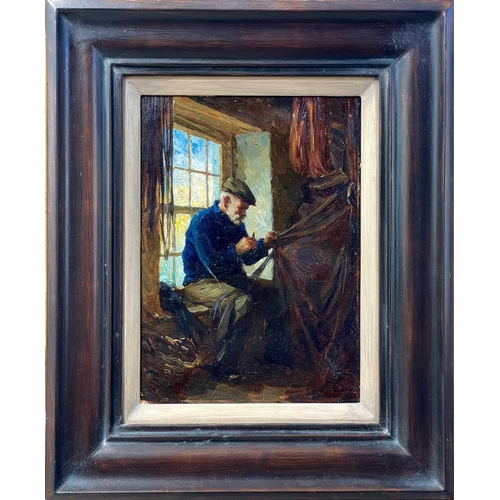 285 - Mary DUNCAN (1885-1964) Mending the Nets Oil on canvas, signed and dated 1923, 26 x 18cm.