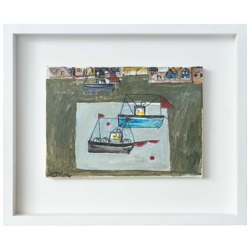 295 - Daphne MCCLURE (1930) Boats Mixed media on canvas, signed, further signed and inscribed to verso, 25... 