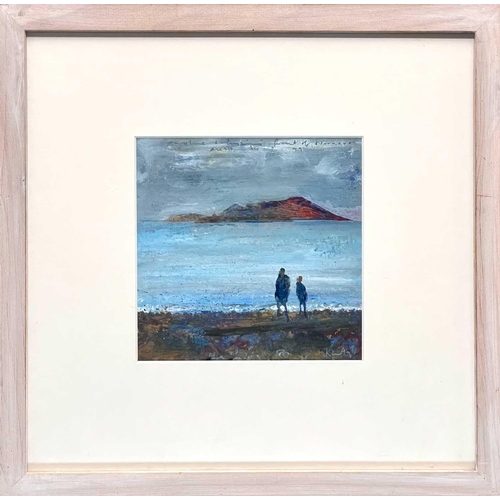 321 - Kurt JACKSON (1961) Caroline & Zinzi in front of Nornour, St Martins, Scilly, 1999 Mixed media Signe... 