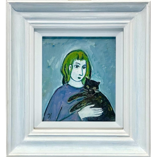 336 - Joan GILLCHREST (1918-2008) Lady with cat Oil on board, signed with initials, 18.5 x 15.5cm.