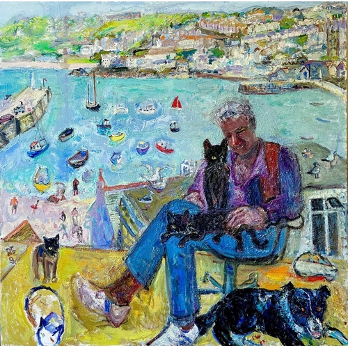 339 - Linda Mary WEIR (1951) Man with Cats, St Ives Oil on canvas, initialled and dated '07, 90 x 90cm.