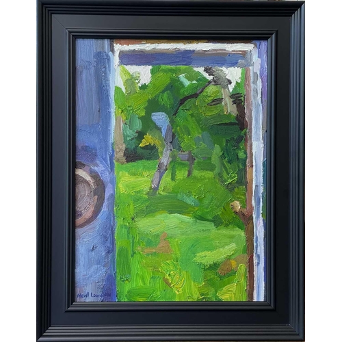 343 - Neill LOWDON (XX-XXI) The Studio Garden Oil on canvas, signed, further signed and inscribed to verso... 