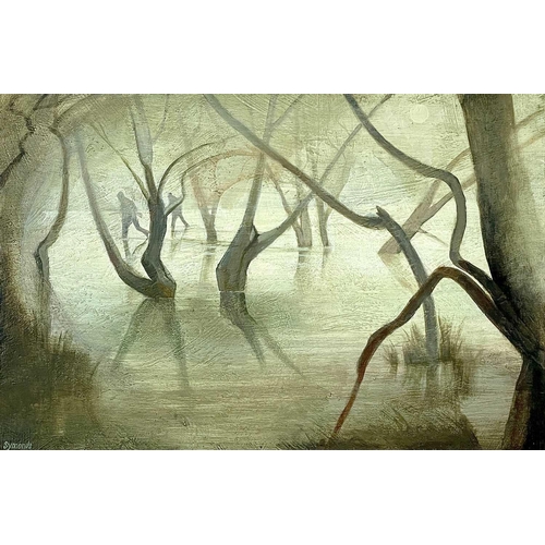 381 - Ken SYMONDS (1927-2010) The Shoot III (Hunt in Flooded Woods) Oil on board, signed, further inscribe... 