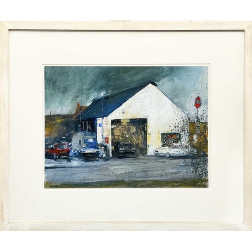 423 - Kurt JACKSON (1961) Winter afternoon, Newbridge garage, 2000 Mixed media on card Signed, inscribed a... 