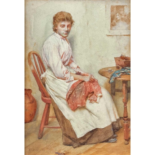 431 - Walter LANGLEY (1852-1922), Portrait of a young woman sewing in a cottage Watercolour, signed, 34cm ... 