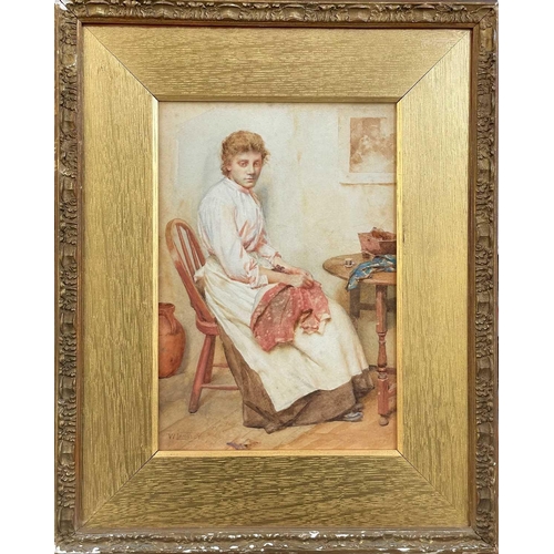 431 - Walter LANGLEY (1852-1922), Portrait of a young woman sewing in a cottage Watercolour, signed, 34cm ... 