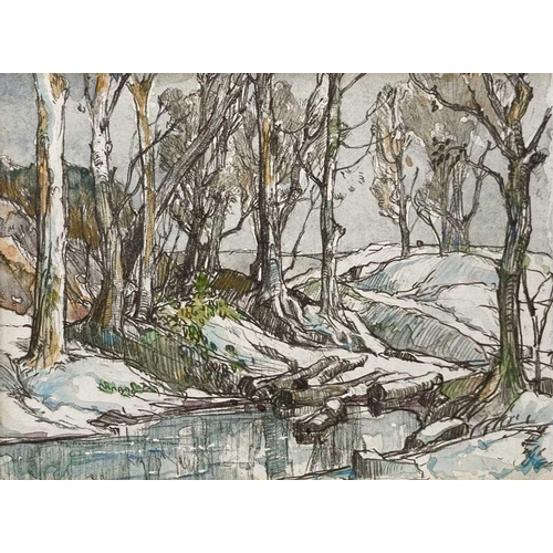 474 - Samuel John Lamorna BIRCH (1869 - 1955) Wooded Stream Watercolour tinted and augmented print, signed... 