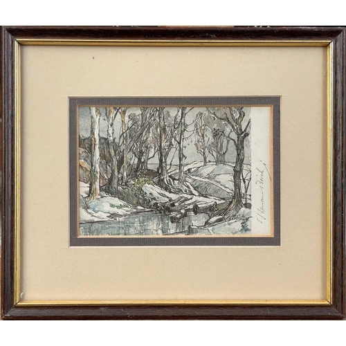 474 - Samuel John Lamorna BIRCH (1869 - 1955) Wooded Stream Watercolour tinted and augmented print, signed... 