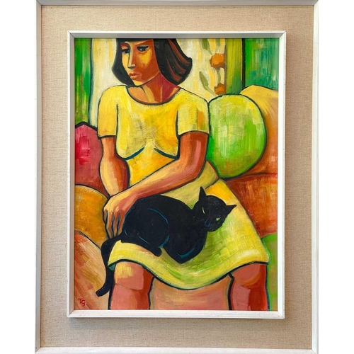 476 - Theresa GILDER (XX) Woman & Cat Oil on board, initialled, further signed and inscribed to verso, 59 ... 