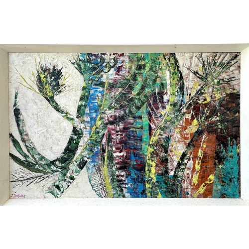 483 - Joyce TURNER (1920-2020) Cacti Oil on board, signed, further signed and inscribed to verso, 37 x 59c... 