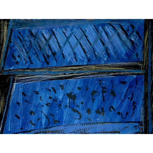 485 - Michael FINN (1921-2002) Rain, Black on Blue Mixed media, signed and inscribed to verso, 53.5 x 72cm... 