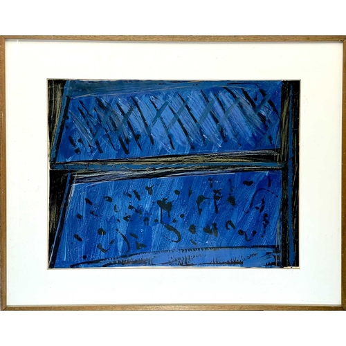 485 - Michael FINN (1921-2002) Rain, Black on Blue Mixed media, signed and inscribed to verso, 53.5 x 72cm... 