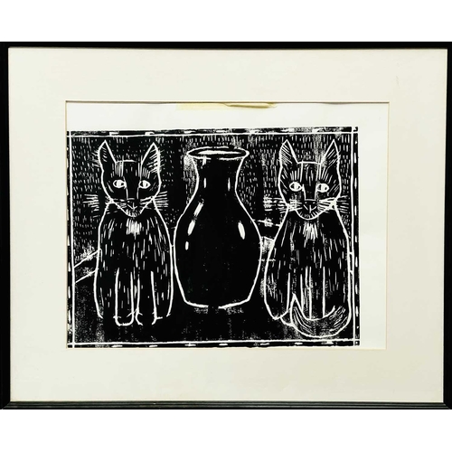 516 - Michael «Mouse» ROBERTS (1948) Elizabeth and Margaret with Trevor's Pot Linocut, signed and dated 19... 