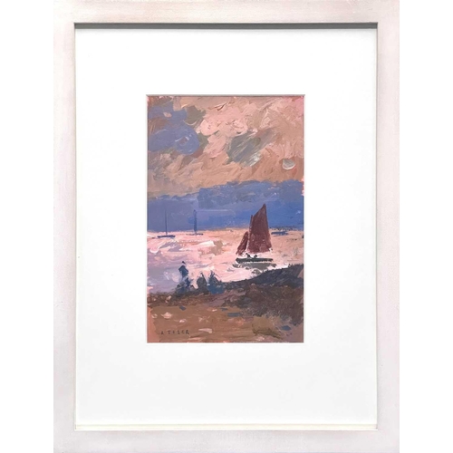 60 - Andrew TOZER (1974) Beach Sunset Oil on board Signed 25 x 16cm