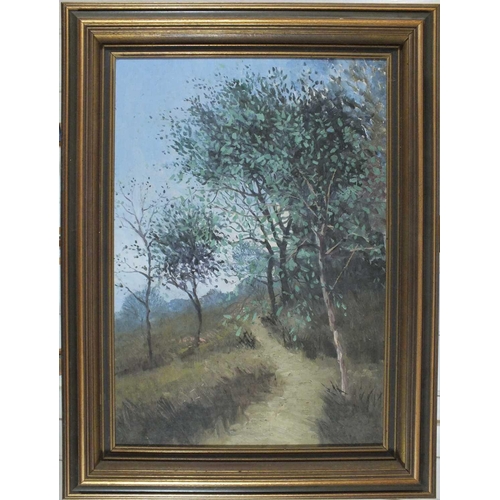 61 - John MILLER (1931 - 2002) Title of Asolo - Tree lined footpath Oil on canvas Inscribed to verso in t... 