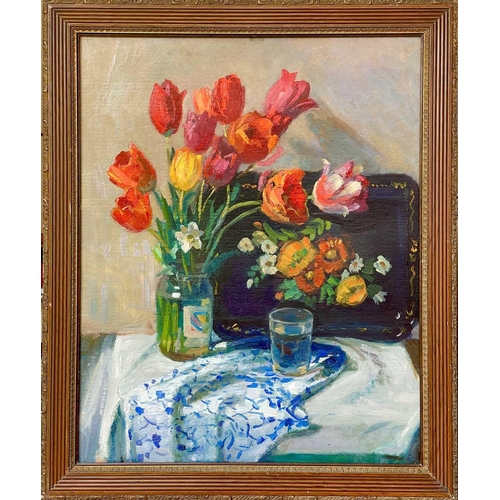 620 - RUSSIAN SCHOOL Still Life with tulips Oil on canvas, 77x61cm, various labels and inscriptions to ver... 