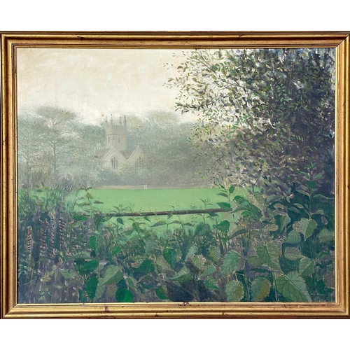 63 - John MILLER (1931 – 2002) Sancreed Church amidst the Trees Oil on canvas Signed (bottom right) and d... 