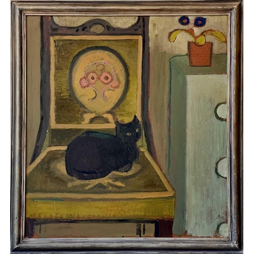 658 - Late 20th Century Black Cat on Chair Oil on board, 60 x 54.5cm. Some scratching to the surface, thou... 