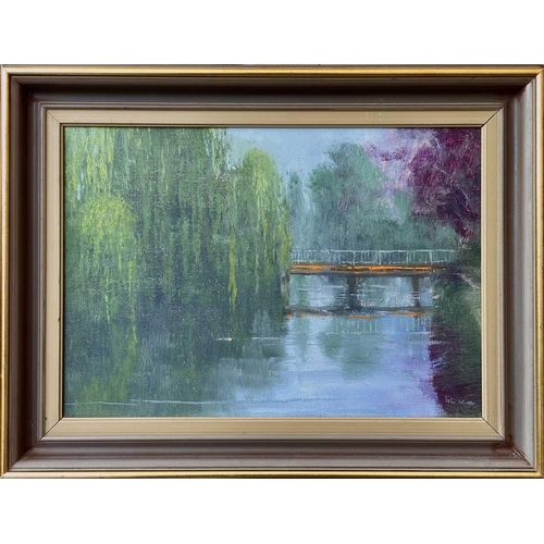 77 - John MILLER (1931 – 2002) Canal Bridge with willow lined banks Oil on canvas Signed “John Miller” (b... 