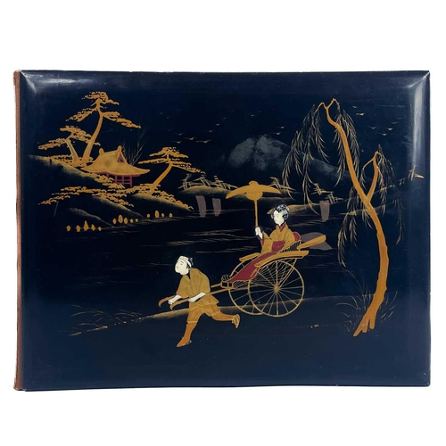 129 - Seventy two Japanese postcards, early 20th century. All mounted in a Japanese black and gilt lacquer... 