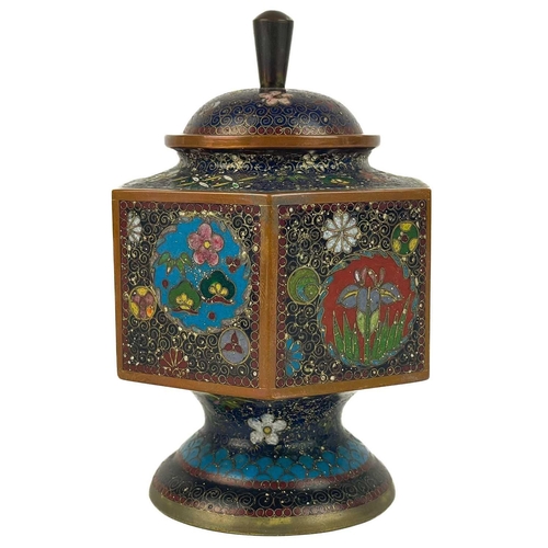 145 - A Japanese cloisonne vase and cover, Meiji period. The domed cover with Kiku knop above an hexagonal... 