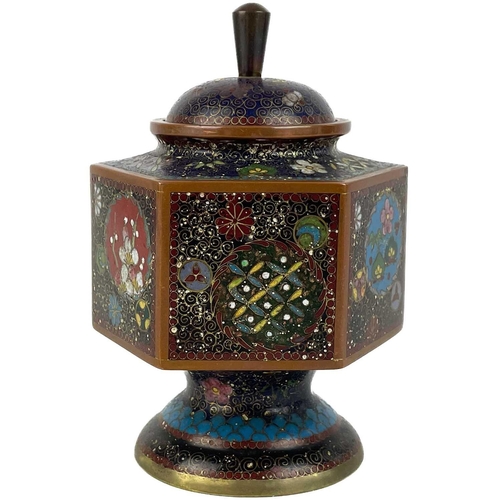 145 - A Japanese cloisonne vase and cover, Meiji period. The domed cover with Kiku knop above an hexagonal... 