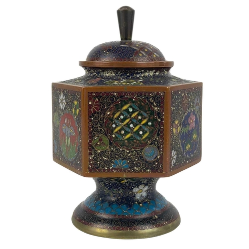 145 - A Japanese cloisonne vase and cover, Meiji period. The domed cover with Kiku knop above an hexagonal... 