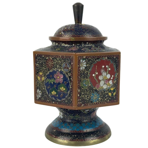145 - A Japanese cloisonne vase and cover, Meiji period. The domed cover with Kiku knop above an hexagonal... 