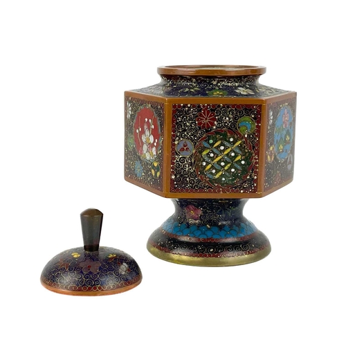 145 - A Japanese cloisonne vase and cover, Meiji period. The domed cover with Kiku knop above an hexagonal... 