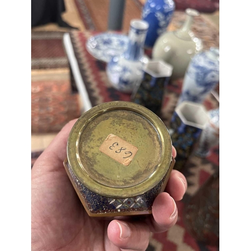 145 - A Japanese cloisonne vase and cover, Meiji period. The domed cover with Kiku knop above an hexagonal... 