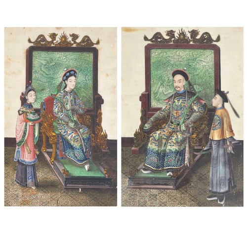 147 - A pair of Chinese paintings on pith paper, late 19th century. Each of a seated young dignitary with ... 