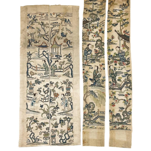 160 - Two pairs of Chinese silk embroidered sleeve bands, early 20th century. 106 x 8.5cm and 52 x 11cm. (... 