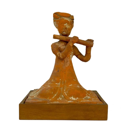 176 - A pair of Chinese terracotta tomb musicians, Tang style. Each on square wooden stands, height of til... 