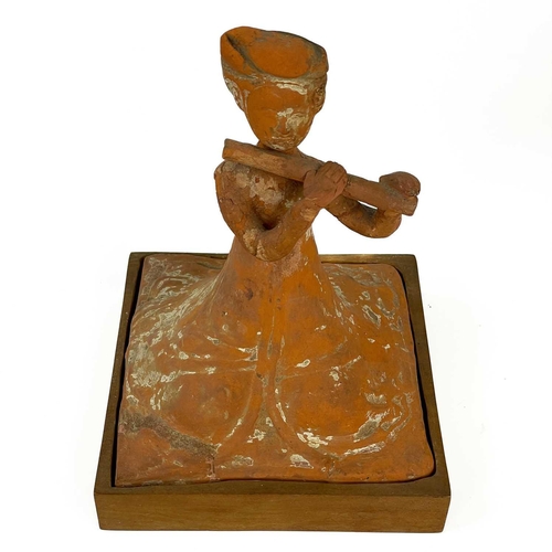 176 - A pair of Chinese terracotta tomb musicians, Tang style. Each on square wooden stands, height of til... 