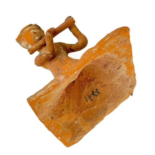 176 - A pair of Chinese terracotta tomb musicians, Tang style. Each on square wooden stands, height of til... 