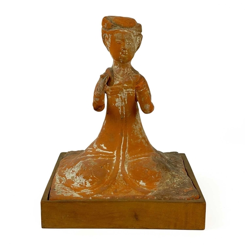 176 - A pair of Chinese terracotta tomb musicians, Tang style. Each on square wooden stands, height of til... 