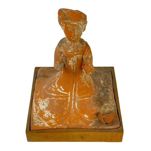 176 - A pair of Chinese terracotta tomb musicians, Tang style. Each on square wooden stands, height of til... 