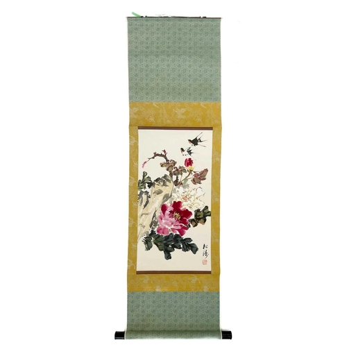 46 - A Chinese painted hanging scroll, signed, early-mid 20th century. With birds and floral sprays, leng... 