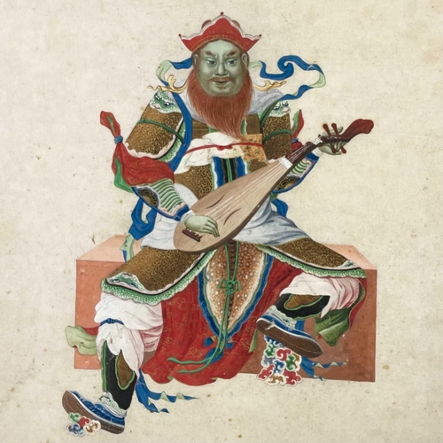 54 - A Chinese painting depicting a Cantonese diety playing a pipa, 19th century. Indistinctly signed, fr... 